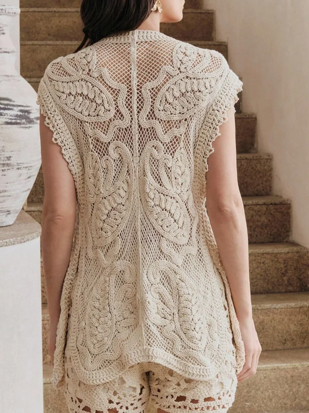 Apricot Chic Women's V-Neck Crochet Cover-Up Pearl Details